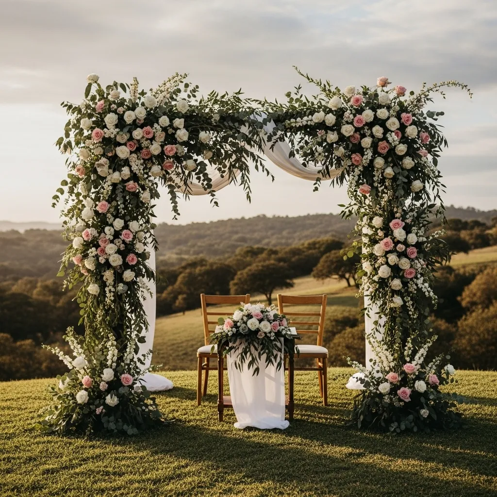 Elegant wedding ceremony floral arch backdrop with greenery and roses