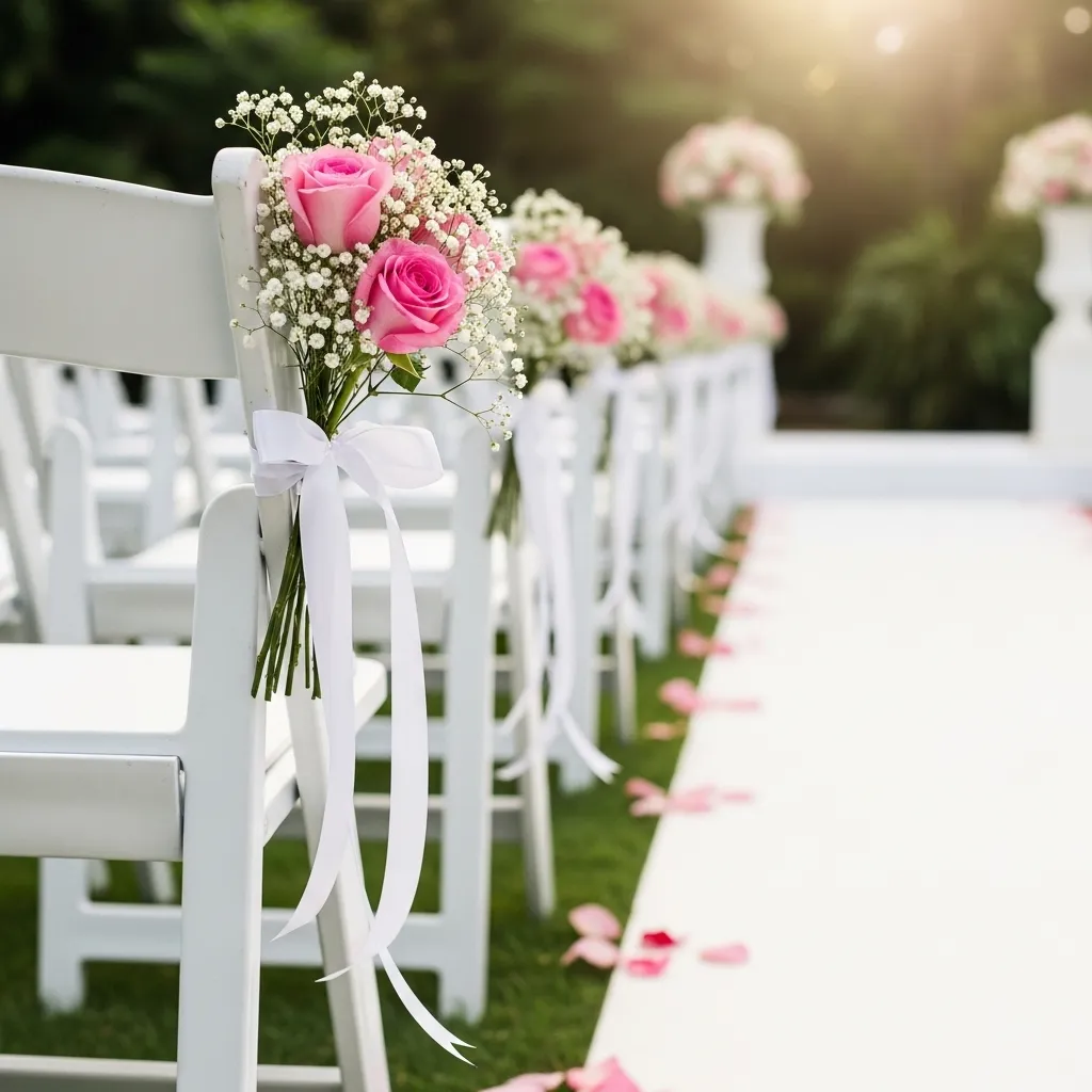 White folding chairs with floral accents along the wedding ceremony aisle