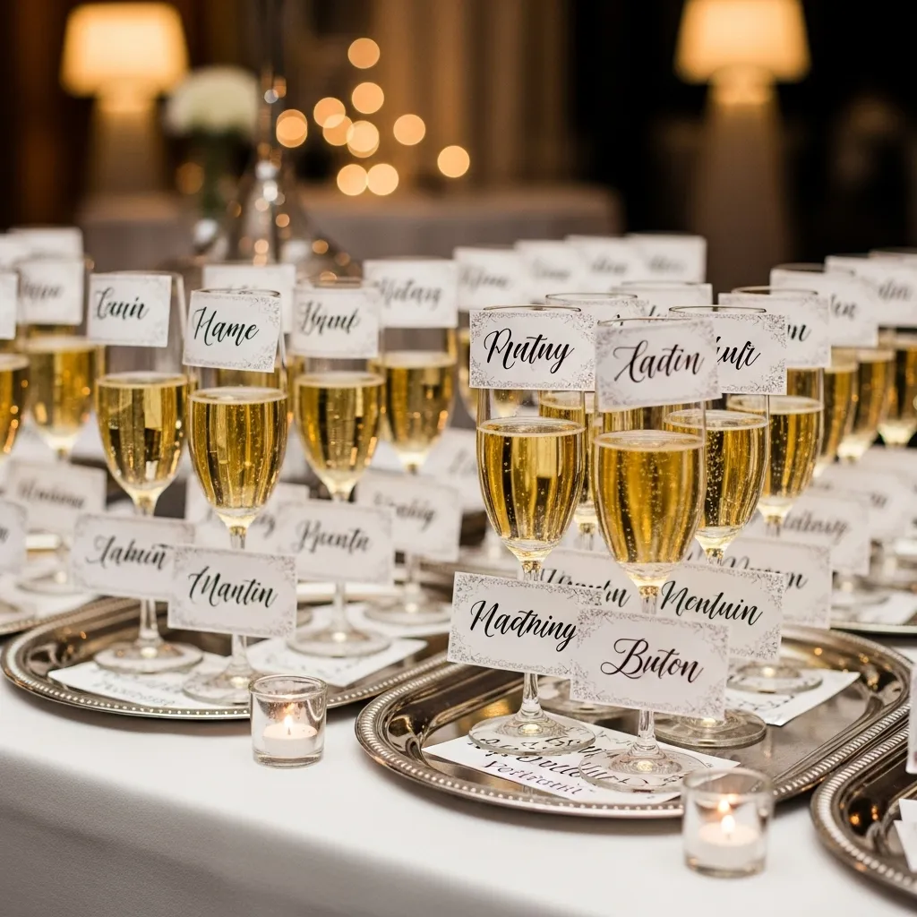 Creative wedding escort card display with champagne glasses