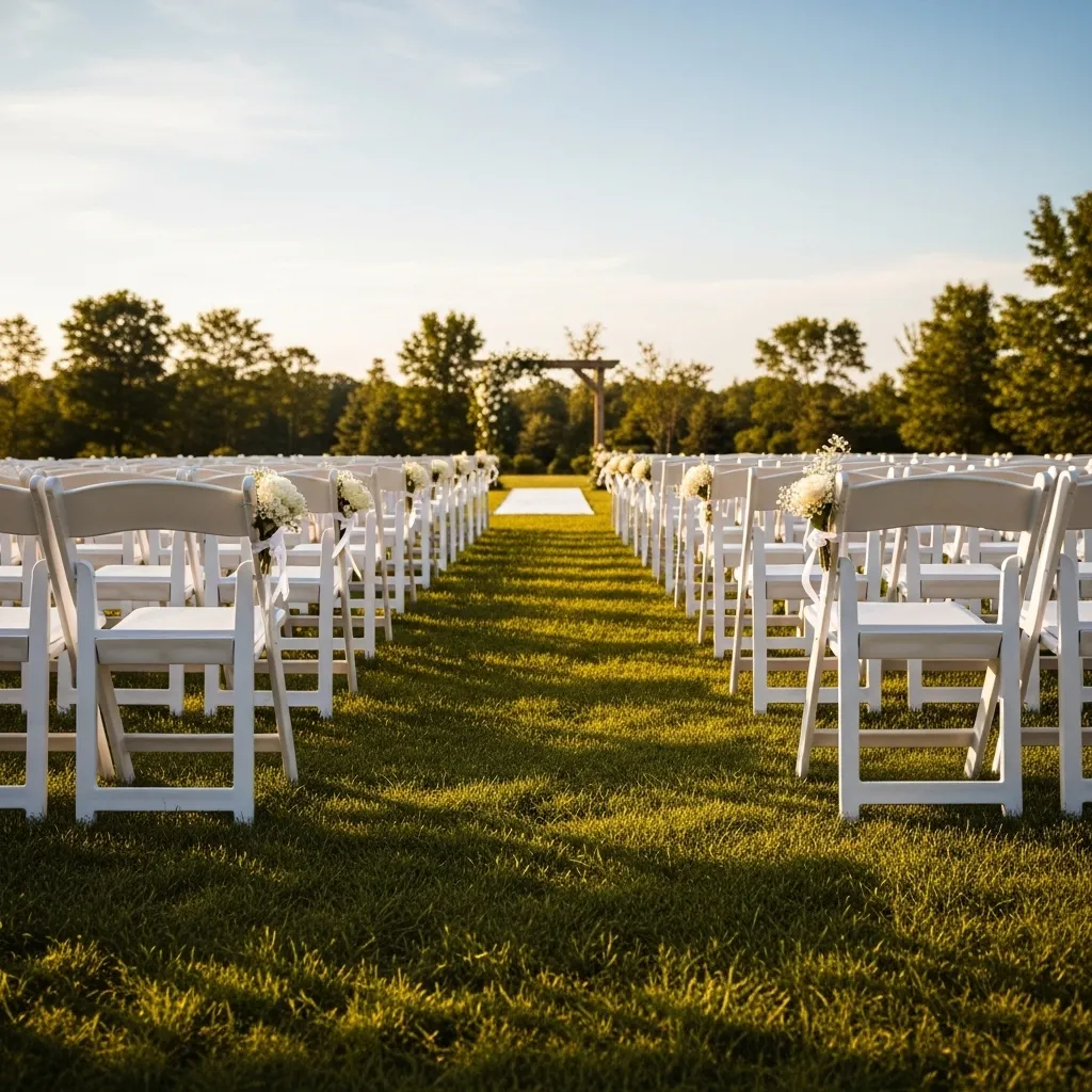 Minimalist wedding ceremony aisle with simple white folding chairs