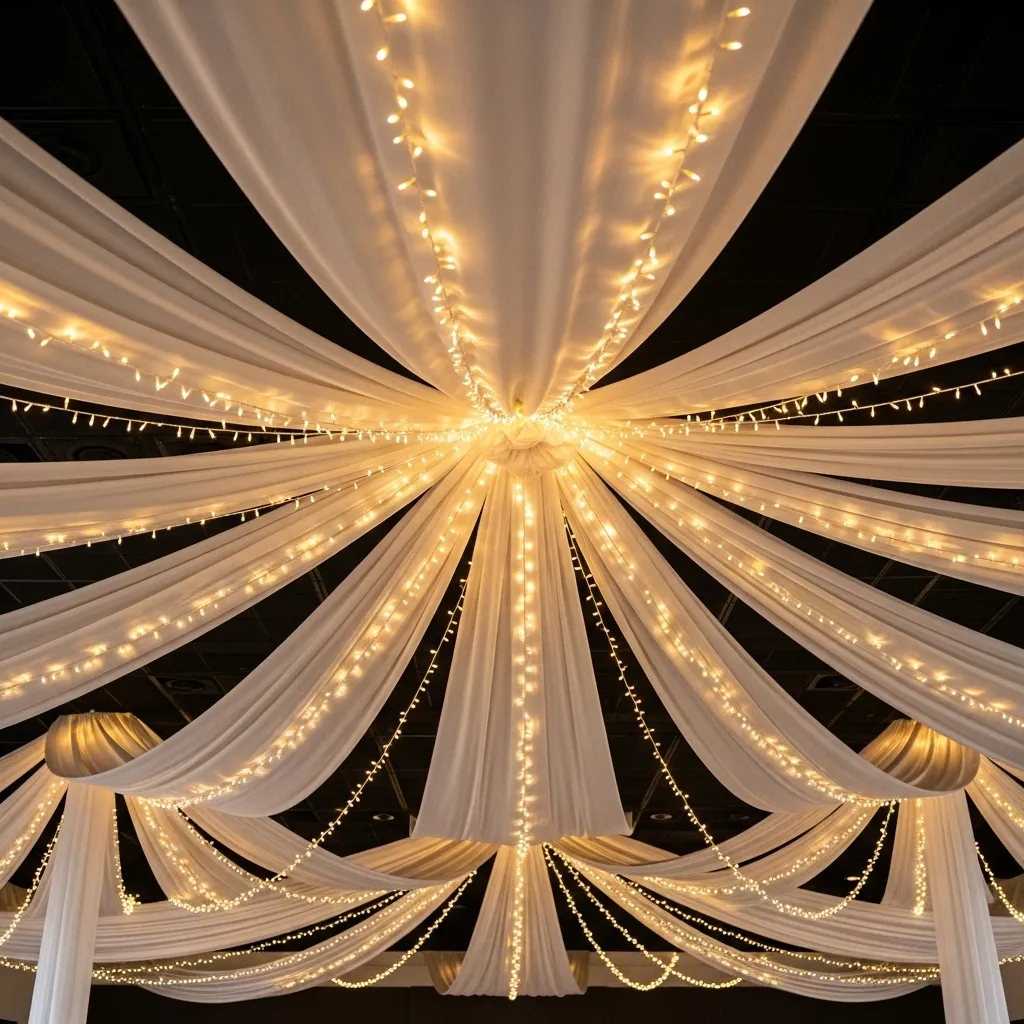 Elegant wedding ceiling décor with draped fabric and fairy lights.