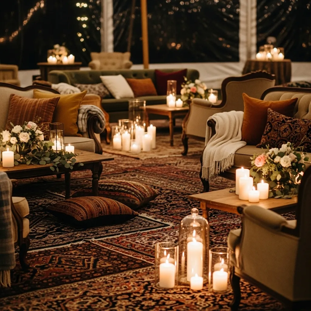 Wedding lounge seating with sofas, rugs, and cozy décor