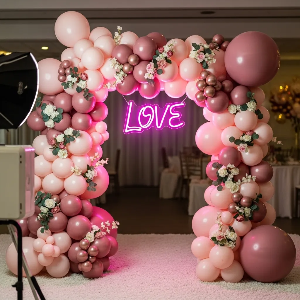 Fun wedding photo booth backdrop with neon sign and balloons