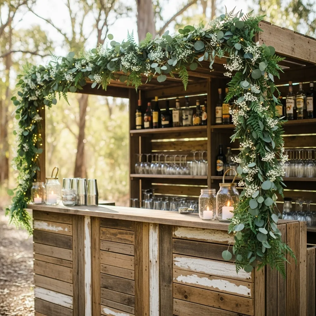 Rustic wedding bar setup with greenery and floral décor