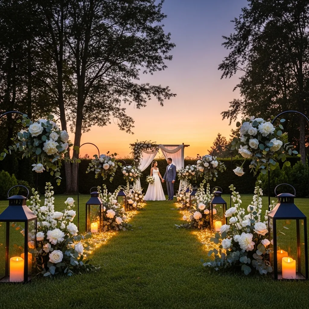 Outdoor wedding décor with lantern walkway and string lights