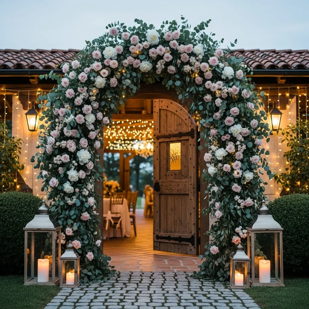 Elegant wedding cake display with drapes and fresh flowers