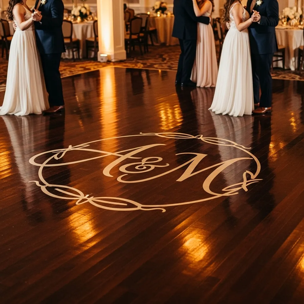 Custom wedding dance floor with monogram lighting design