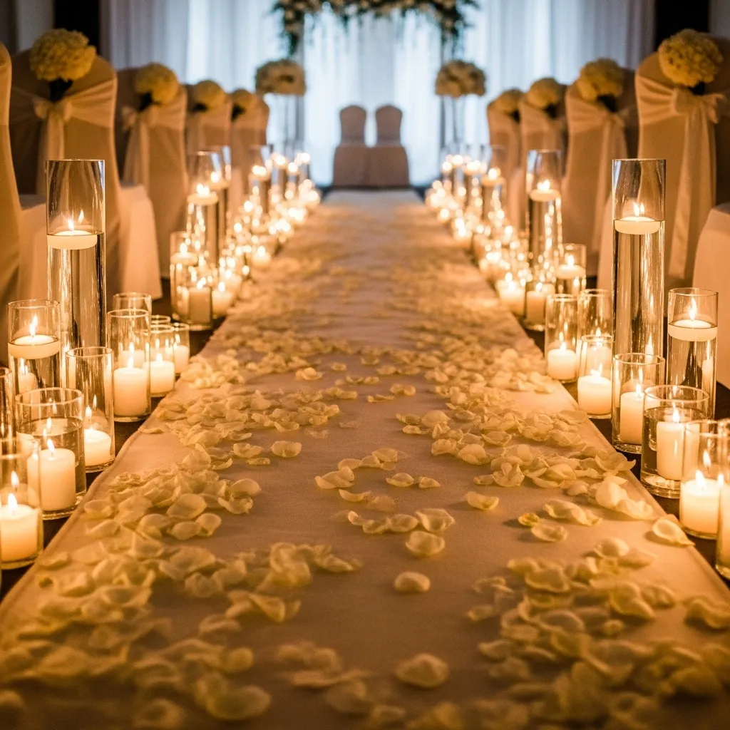 Romantic wedding aisle décor with candles and white flower petals