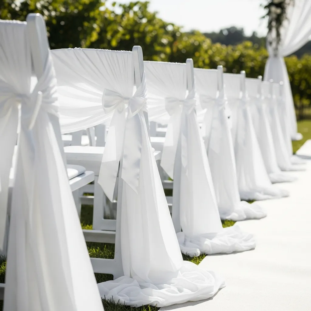 White folding chairs decorated with chiffon drapes along the wedding aisle