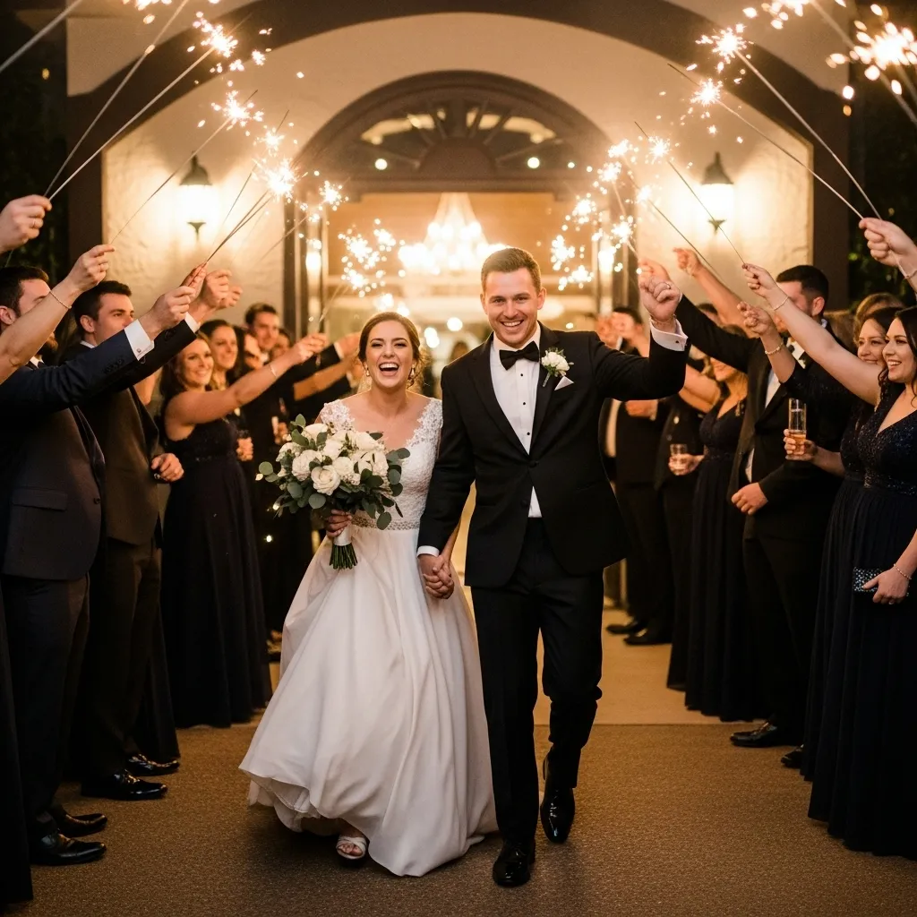 Sparkler wedding send-off with bride and groom walking through guests.