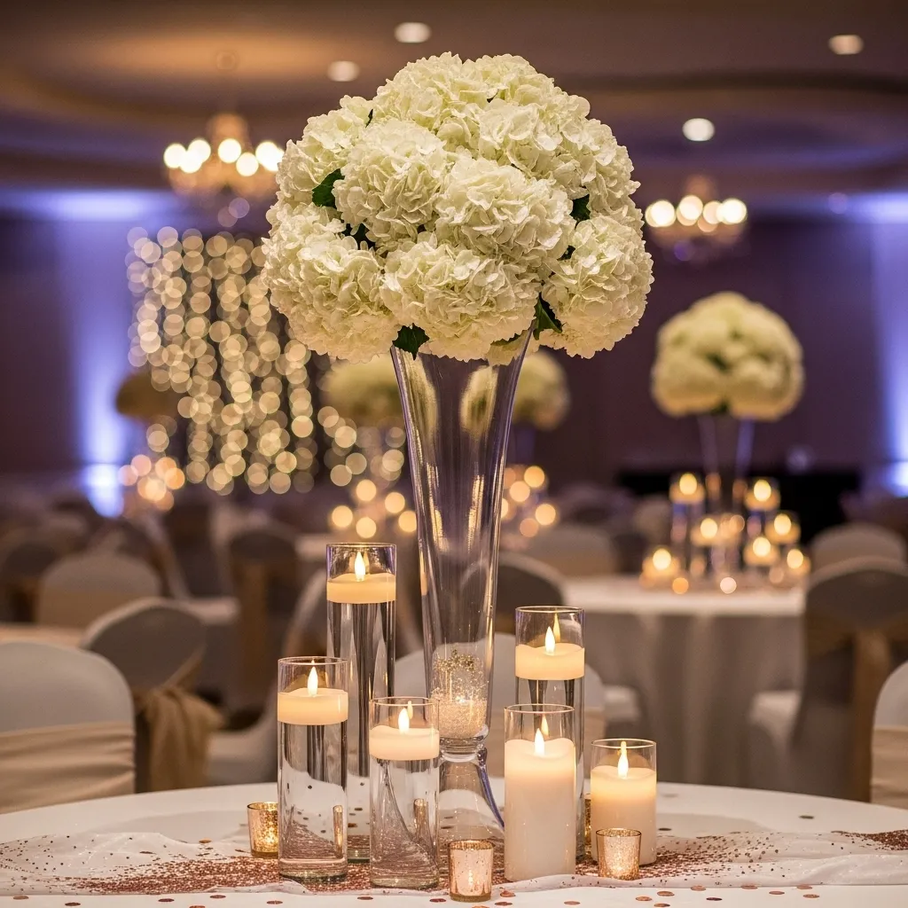 Luxury wedding table centerpiece with white hydrangeas and candles