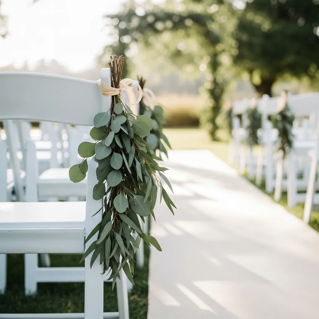 Rustic wedding ceremony aisle with white folding chairs and greenery garlands