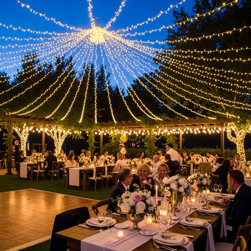 Romantic wedding reception lighting with fairy lights under the stars