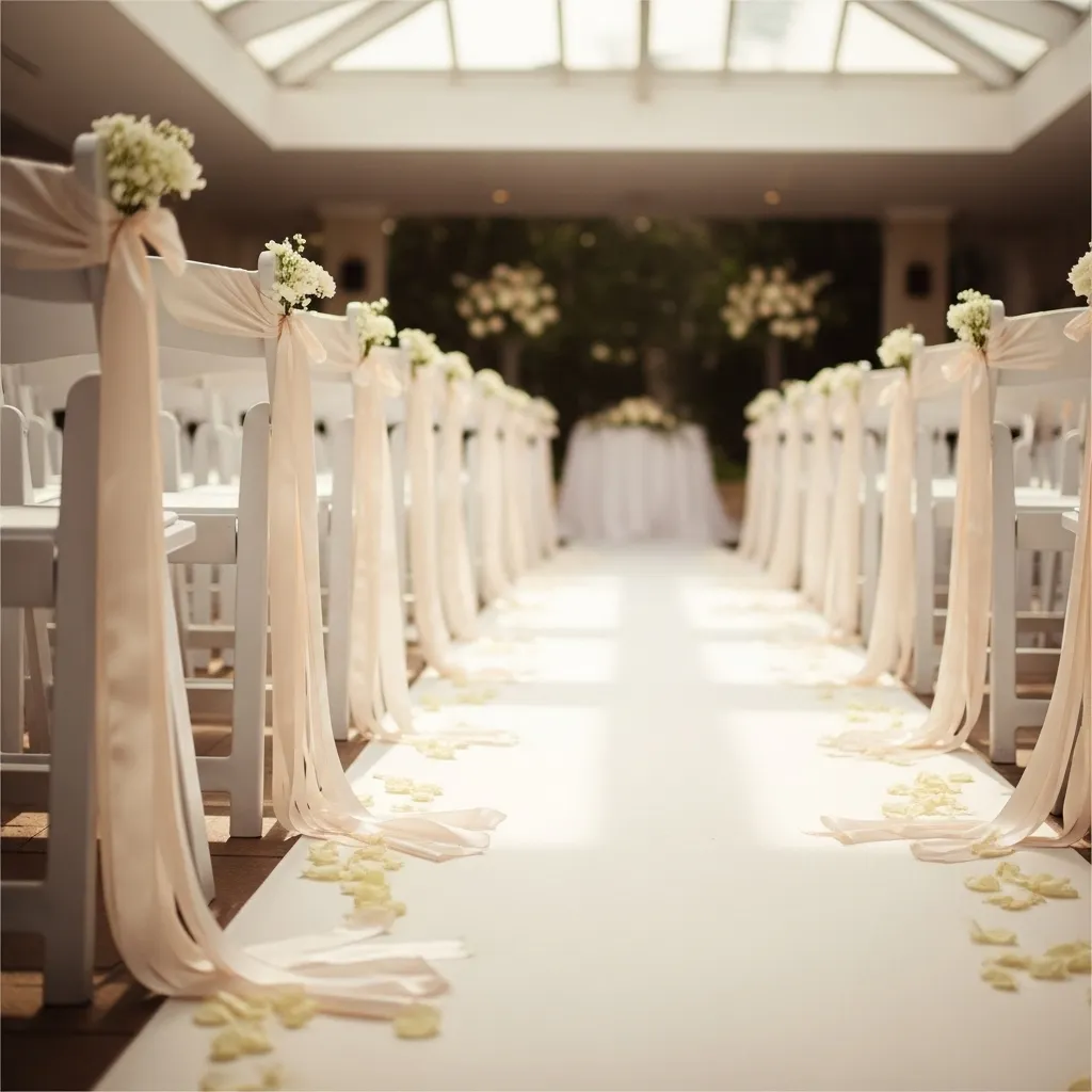 White folding chairs decorated with satin ribbons for wedding ceremony aisle