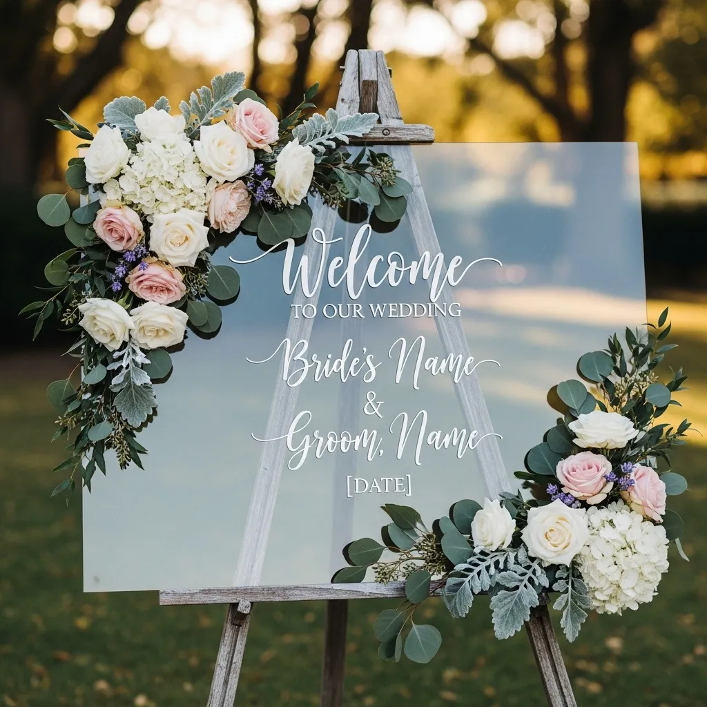 Modern acrylic wedding welcome sign with floral decoration