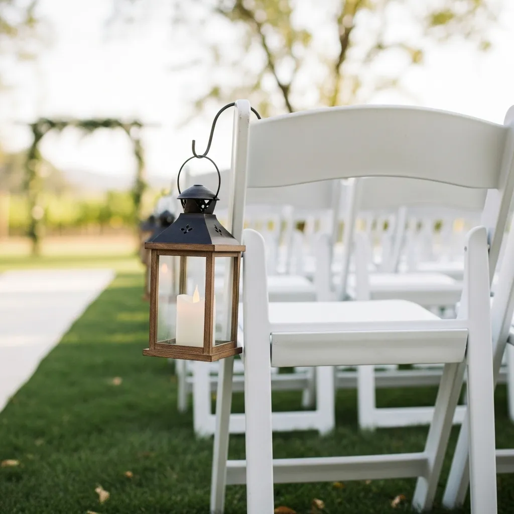 Wedding ceremony aisle with white folding chairs and lantern decorations