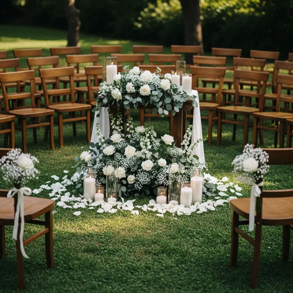 Unique circular wedding ceremony seating with decorated chairs