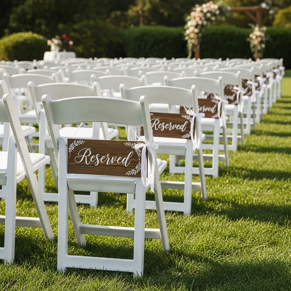 White folding chairs at wedding aisle decorated with personalized signs
