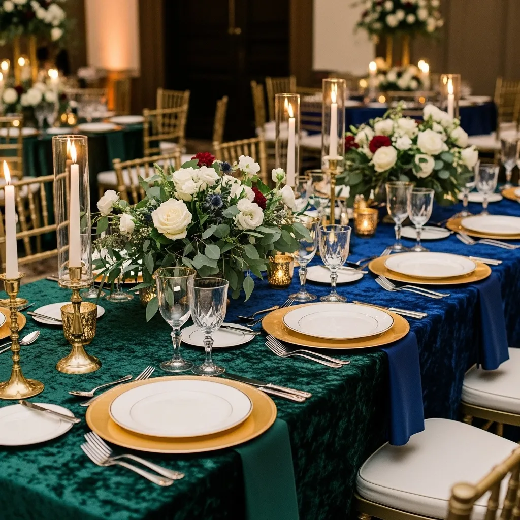 Elegant wedding reception table with velvet linens and gold accents