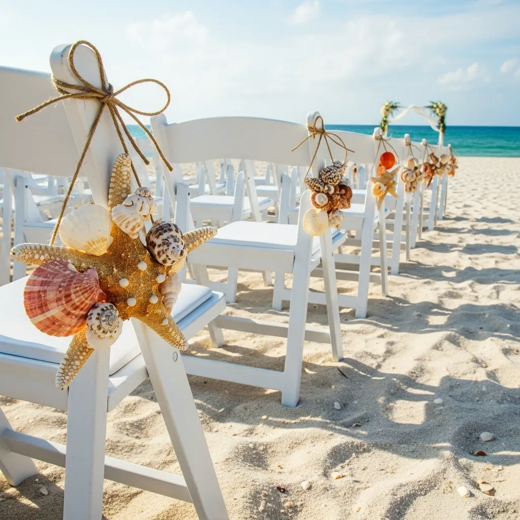 Beach wedding ceremony aisle with white folding chairs and starfish decorations