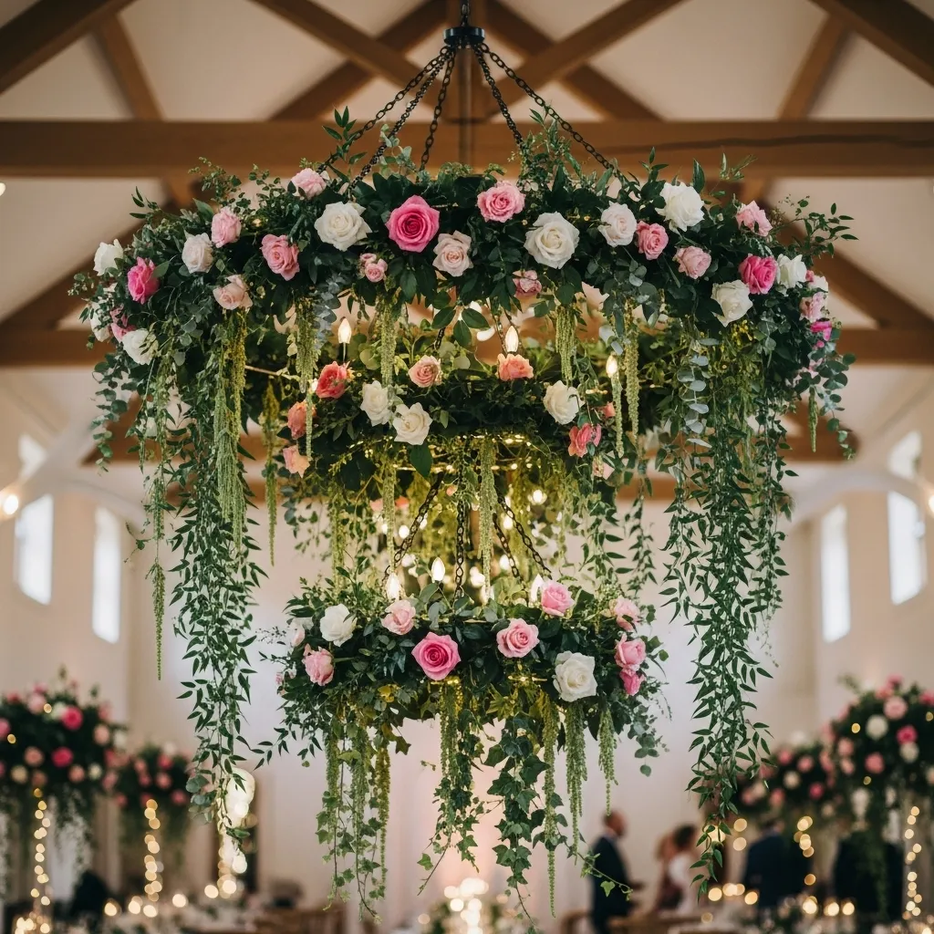 Stunning wedding floral chandelier installation with hanging roses