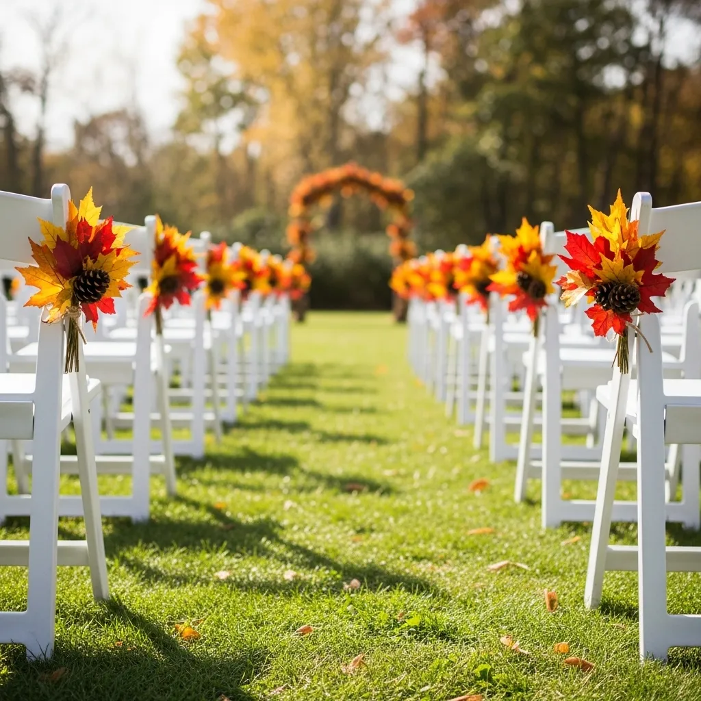 Seasonal wedding ceremony aisle with white folding chairs decorated with autumn leaves