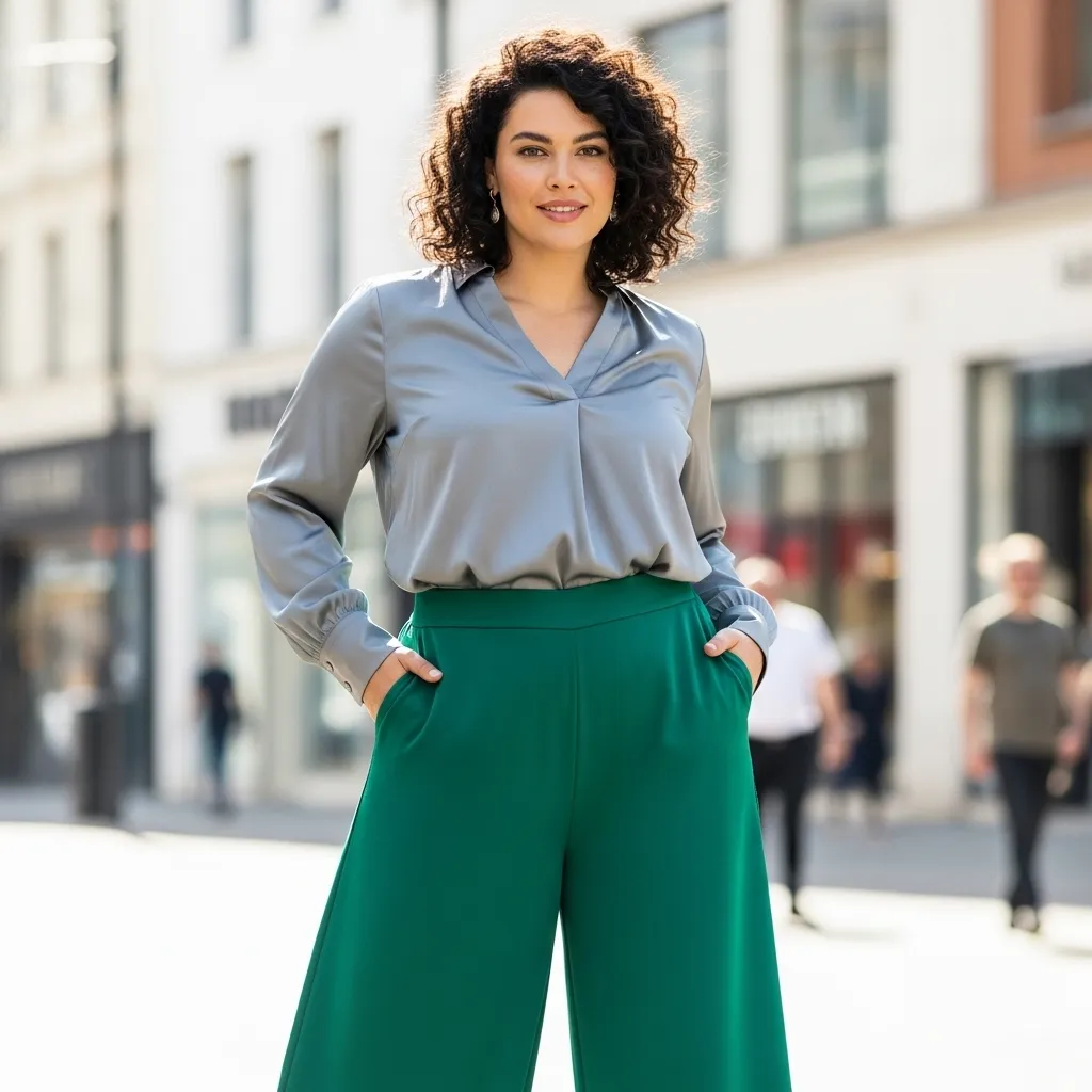 Plus size tailored pants with satin blouse for chic engagement look