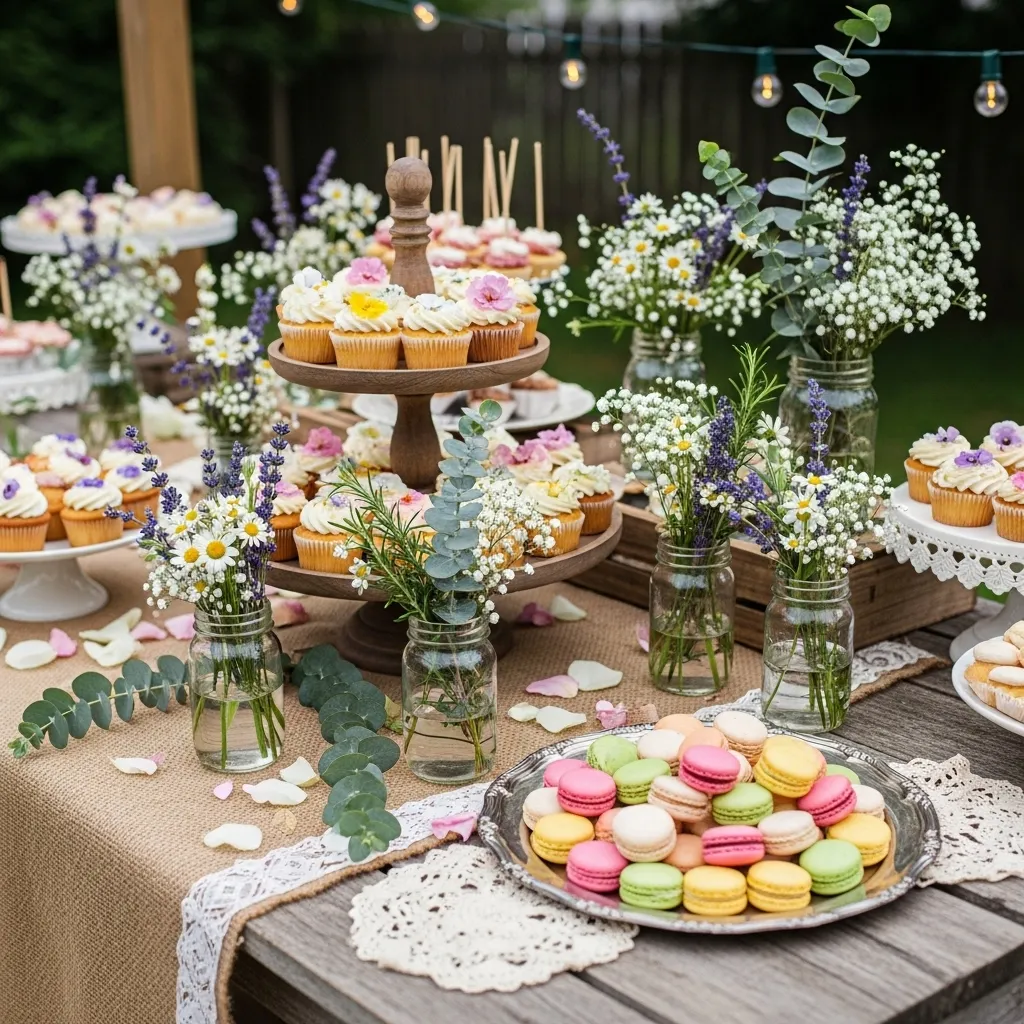 Rustic wedding dessert table with cupcakes, macarons, and flowers