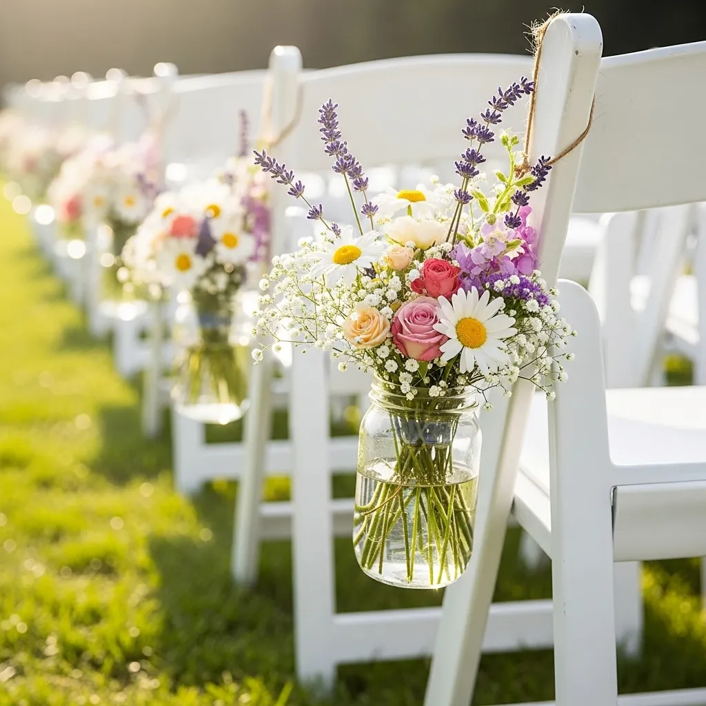 White folding chairs decorated with mason jars and flowers for wedding aisle