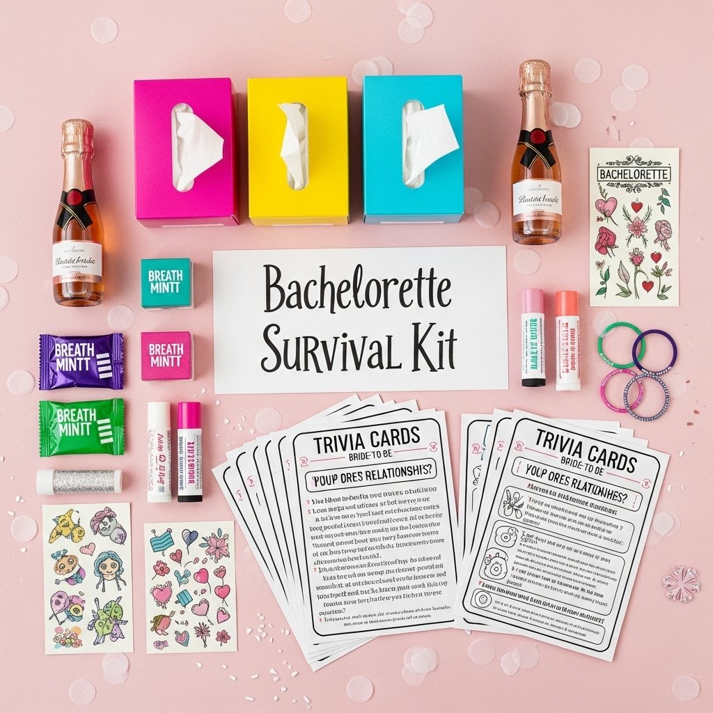 Bachelorette survival kit essentials and fun games inside party favor bags