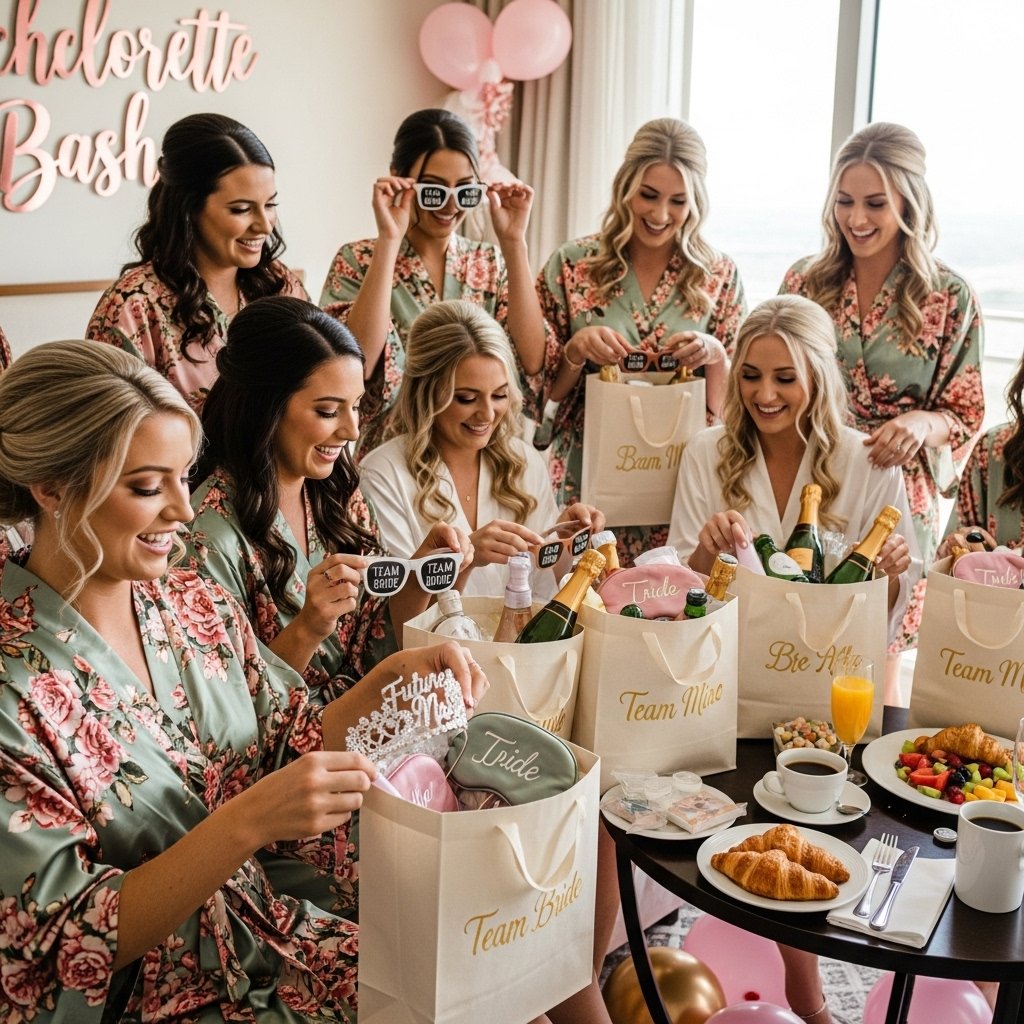 Bridesmaids opening thoughtful bachelorette party gift bags and favors