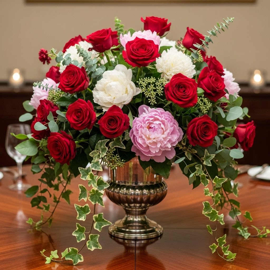Dark romantic floral centerpiece with roses and cascading greenery