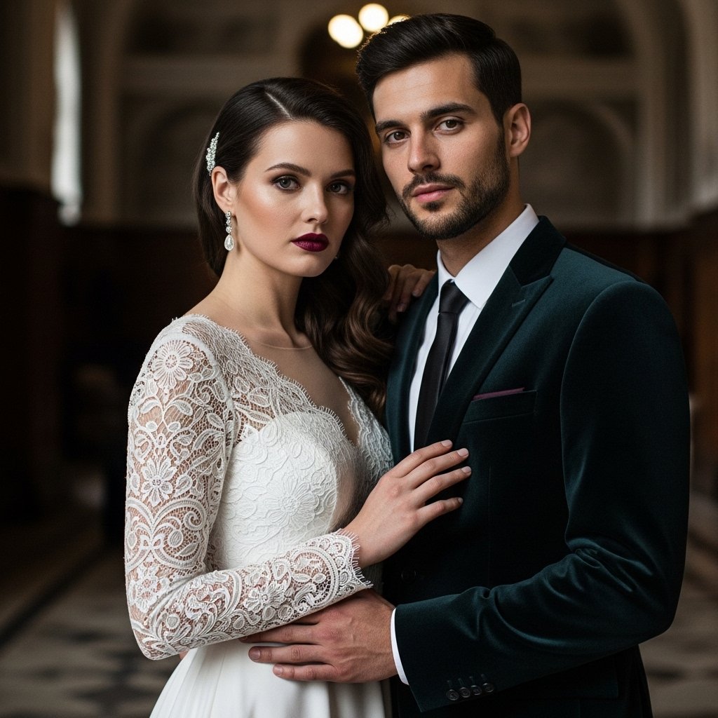 Dark romantic wedding attire with lace bridal gown and velvet groom suit