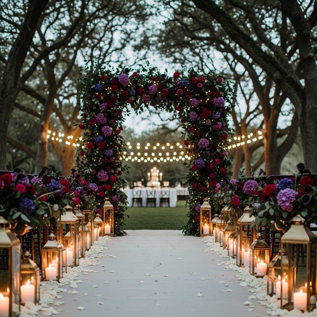 Dark romantic wedding ceremony setup in an intimate backyard reception