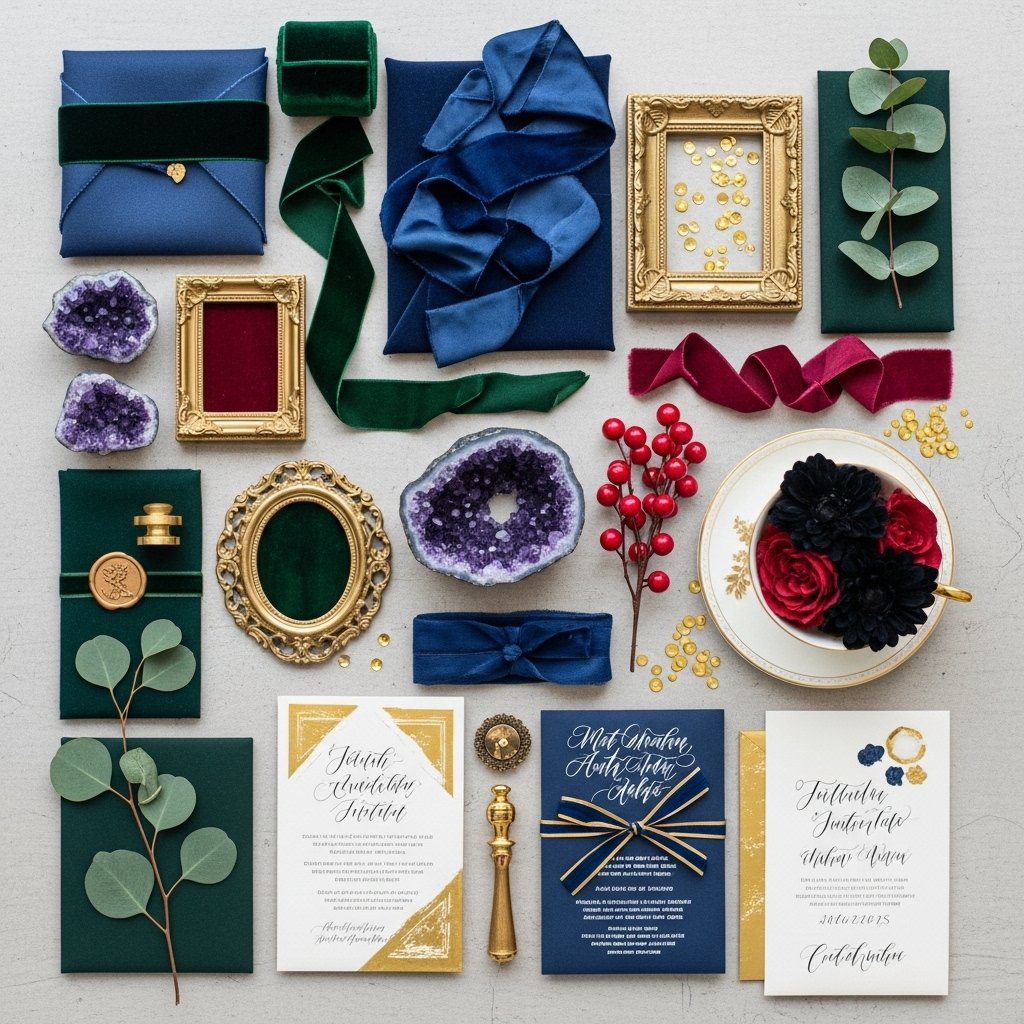 Dark romantic wedding color palette with burgundy, emerald, and gold accents