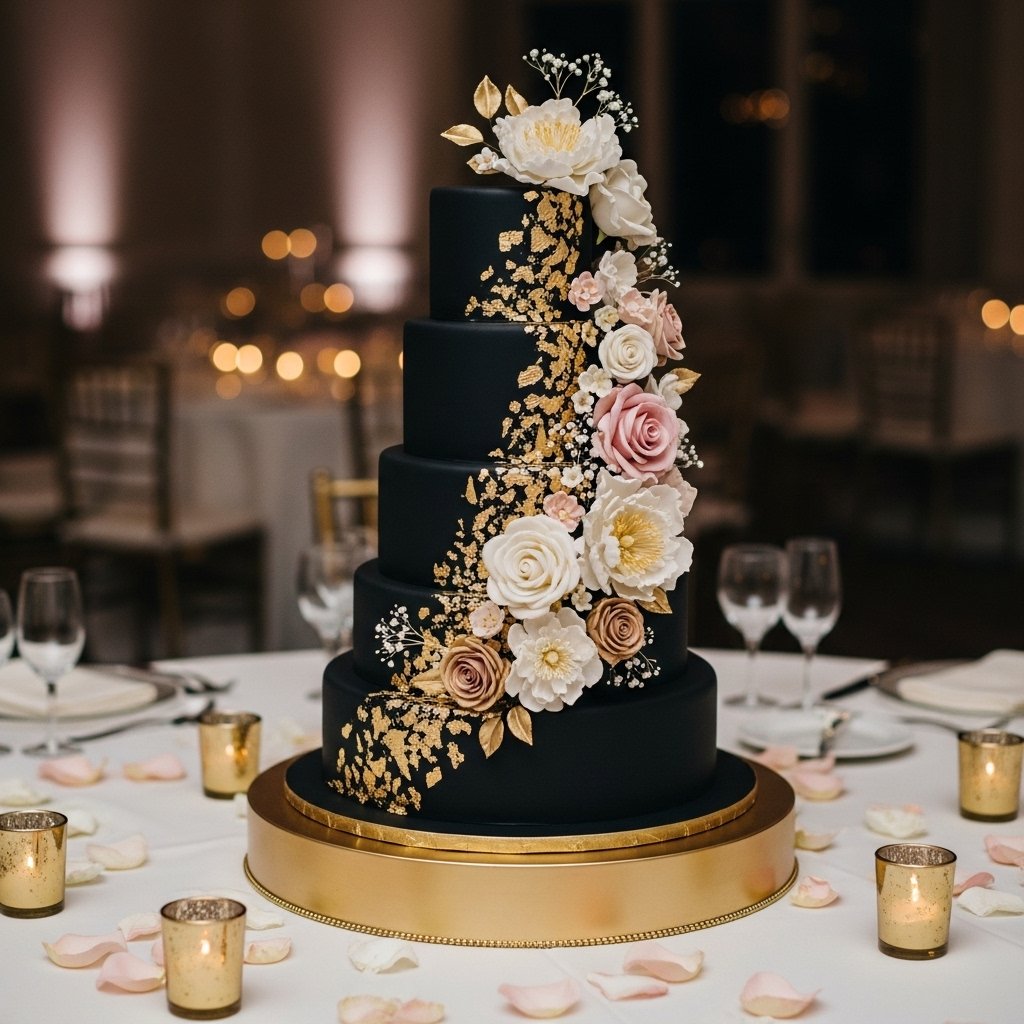 Elegant dark wedding cake with gold leaf and floral details