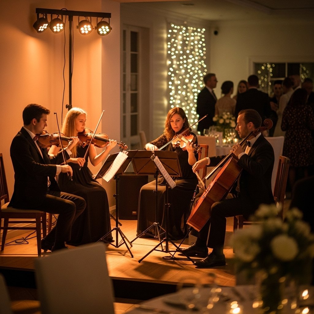 Live string quartet playing at a dark romantic wedding reception