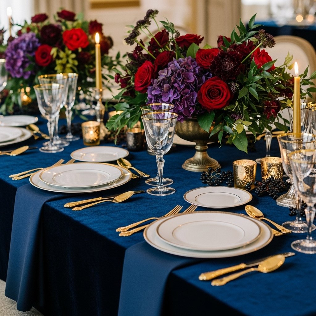 Luxurious dark romantic wedding tablescape with velvet and gold décor