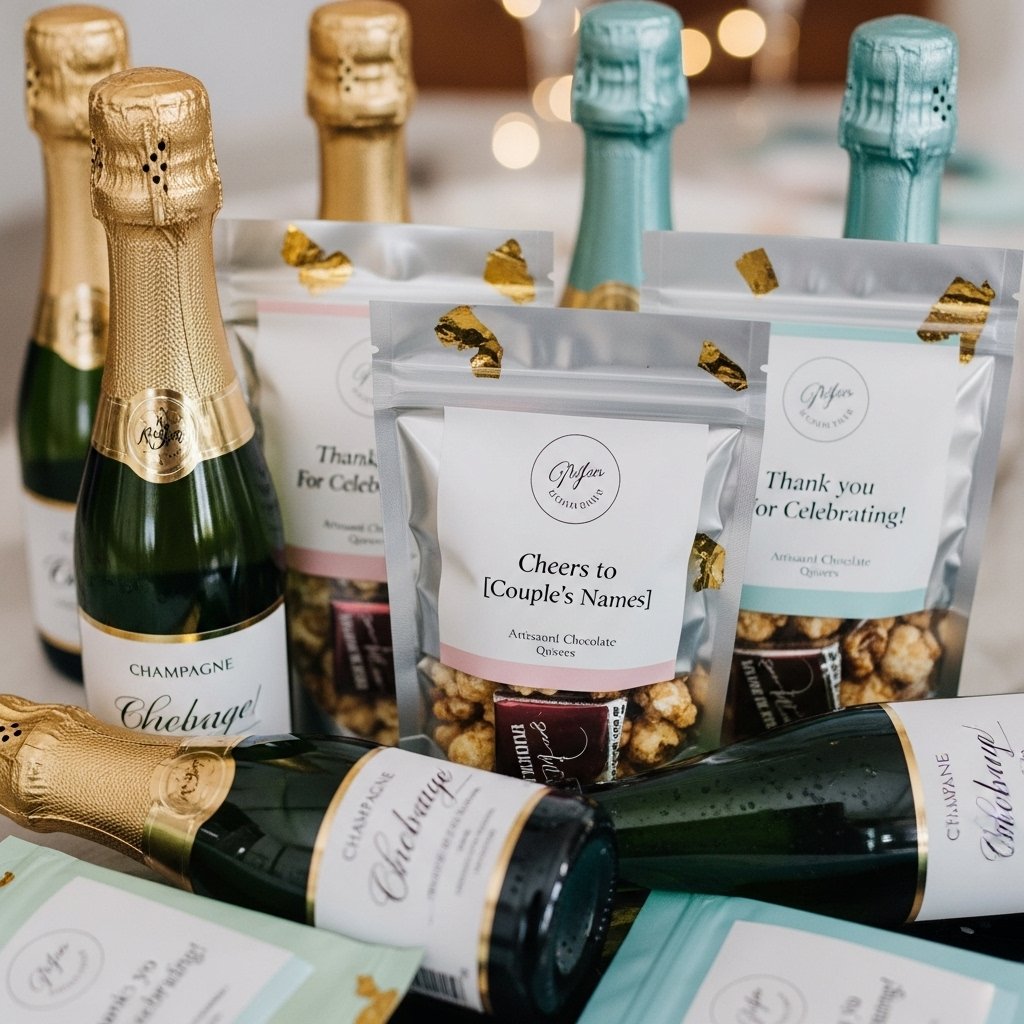 Mini champagne bottles and personalized snacks for bachelorette gift bag ideas