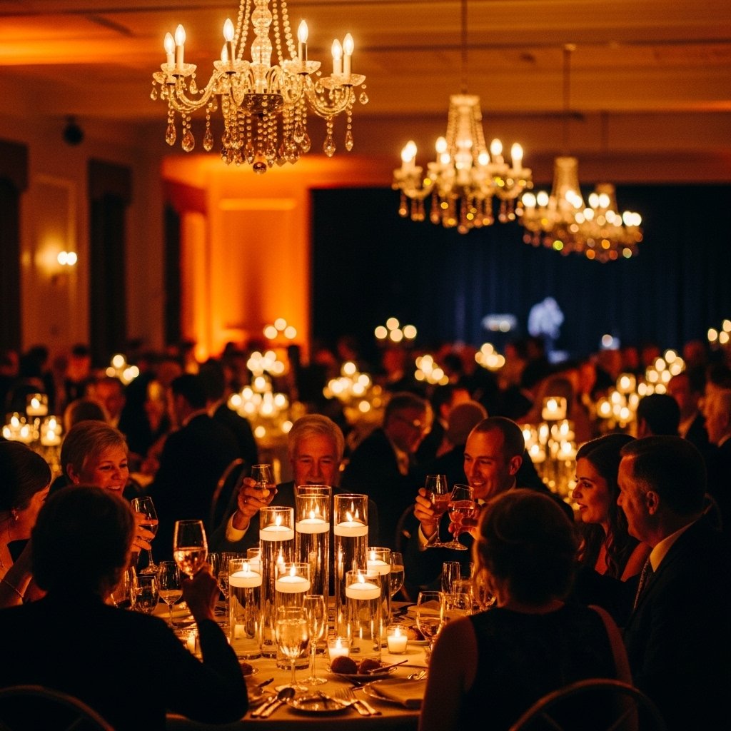 Moody romantic wedding reception lighting with candles and chandeliers