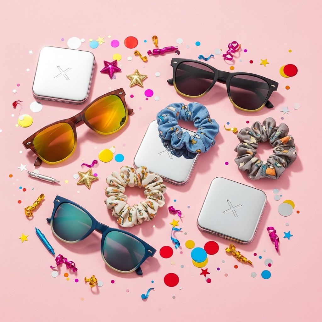 Party-ready accessories like sunglasses and scrunchies for bachelorette gift bag favors