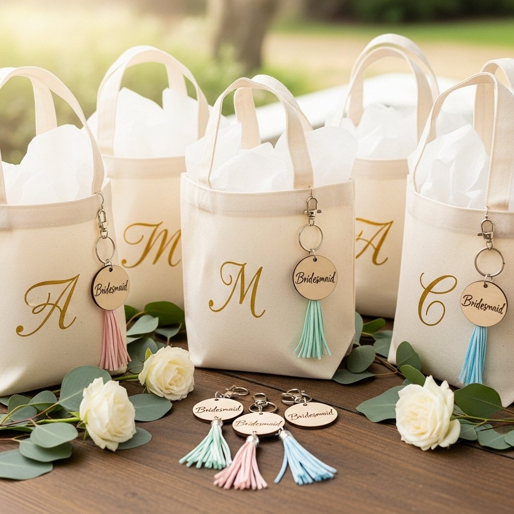 Personalized keepsakes like custom tote bags and keychains in bachelorette gift bags