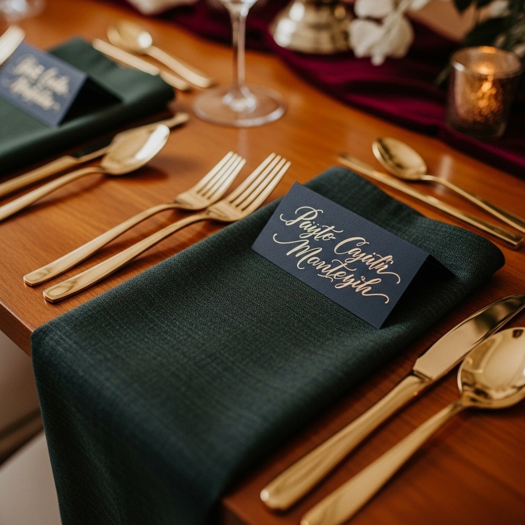 Romantic wedding guest table setting with personalized name cards