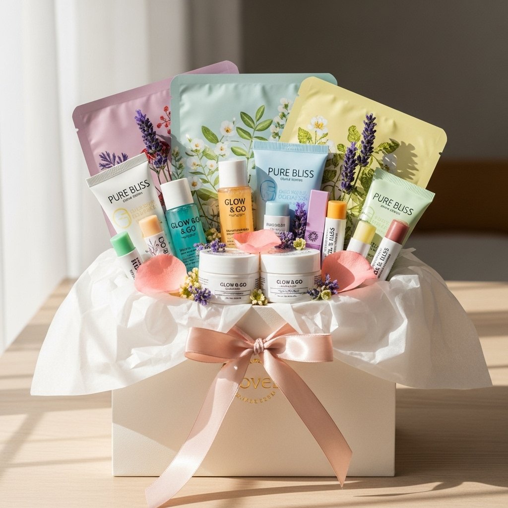 Self-care beauty goodies in bachelorette gift bags with skincare and lip balms