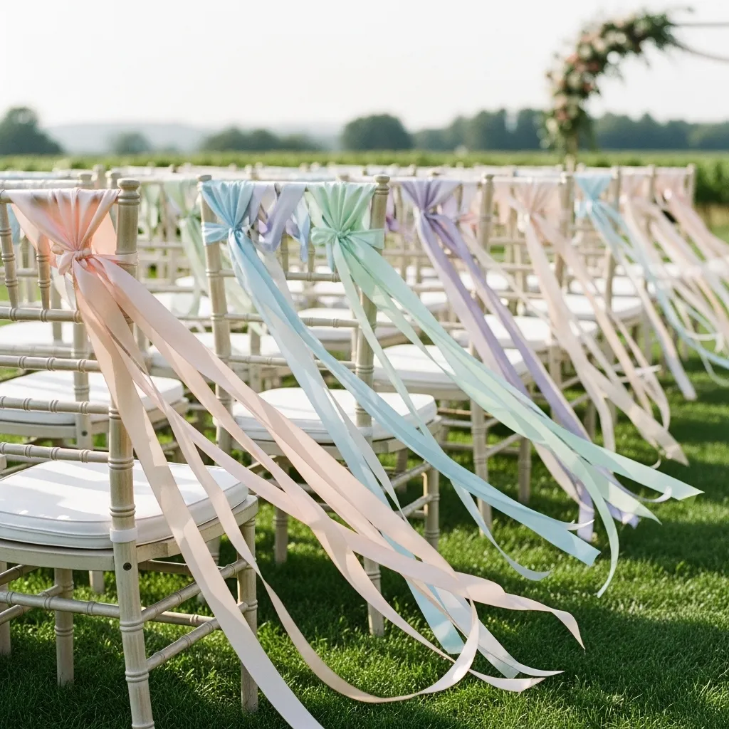 Wedding ceremony chairs decorated with satin ribbon ties in pastel wedding colors