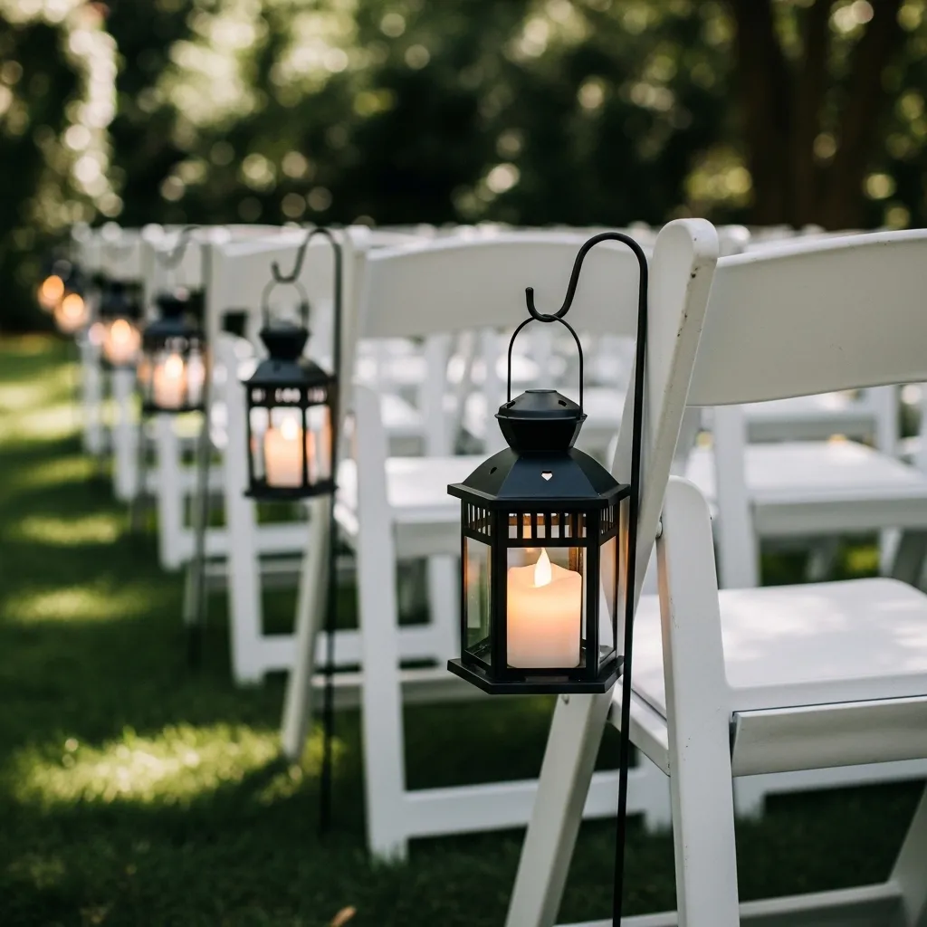 Wedding ceremony chairs with lanterns hanging and glowing candles for aisle decor