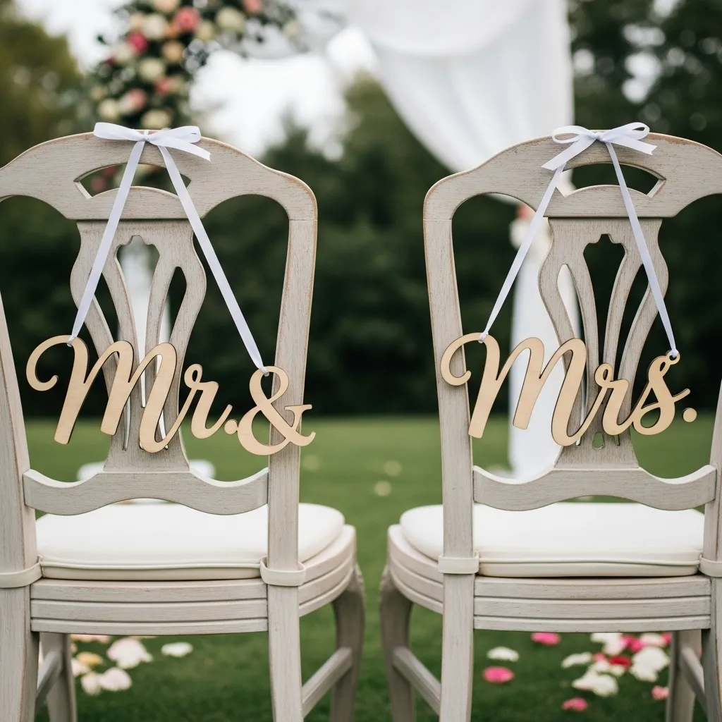 Wedding ceremony chairs for bride and groom with monogrammed Mr. & Mrs. signs