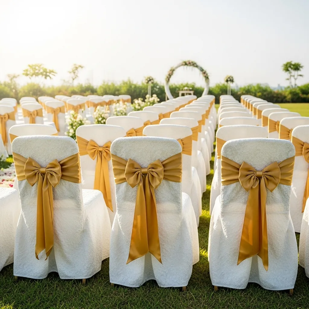 Elegant wedding ceremony chairs decorated with white covers and golden bows