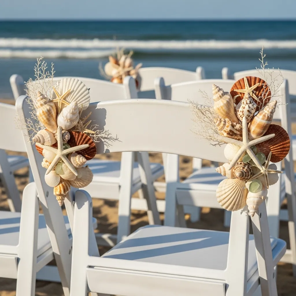 Beach wedding ceremony chair decorated with seashells and starfish embellishments
