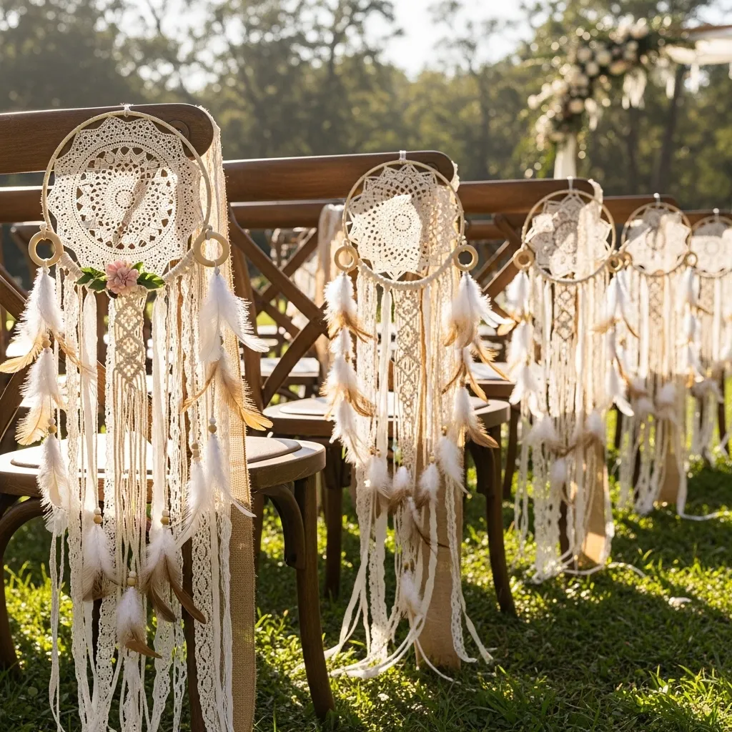Bohemian wedding ceremony chairs decorated with dreamcatcher and lace ribbons
